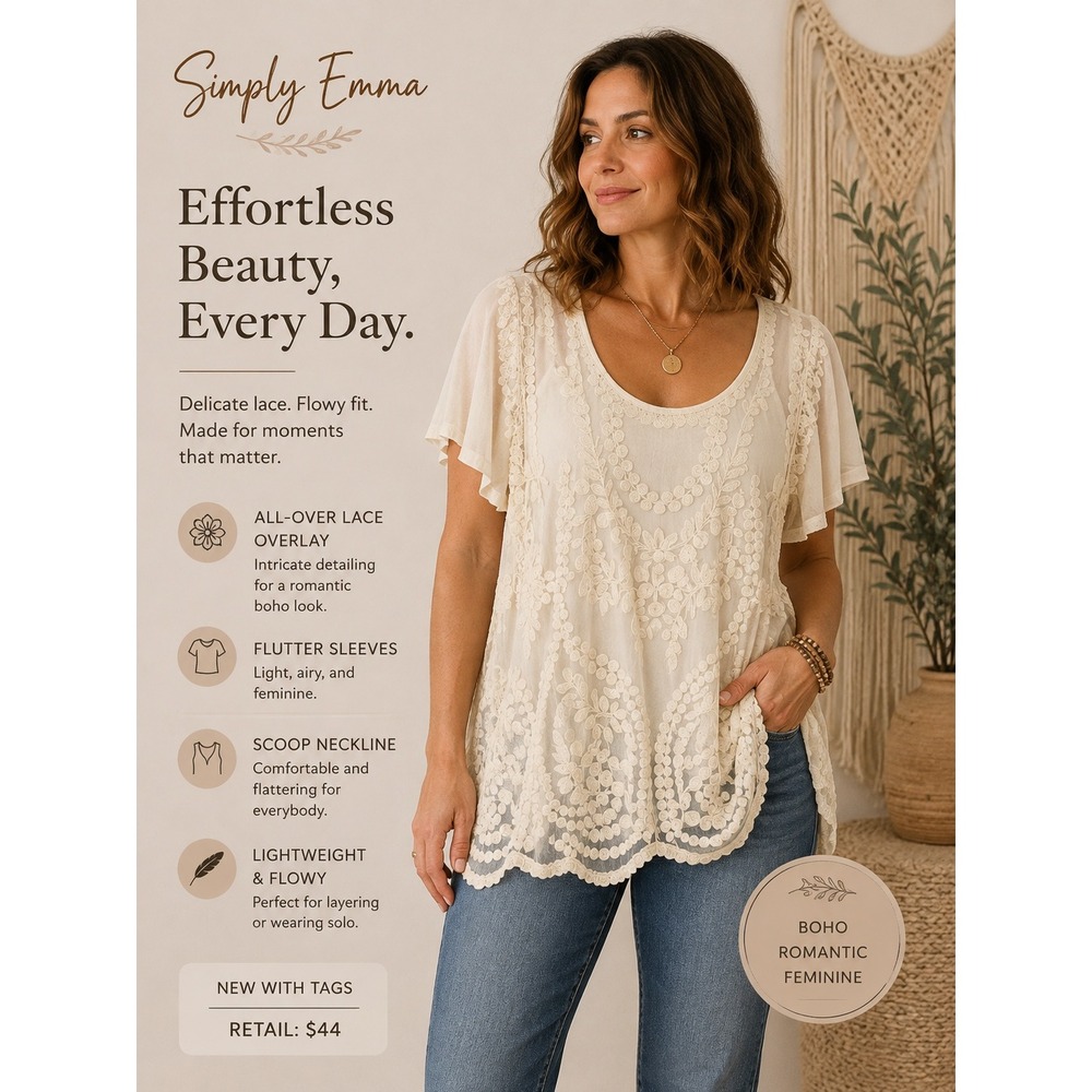 NEW Simply Emma Womens Plus Lace‎ Overlay Flutter Sleeve Tunic Top Cream 3X